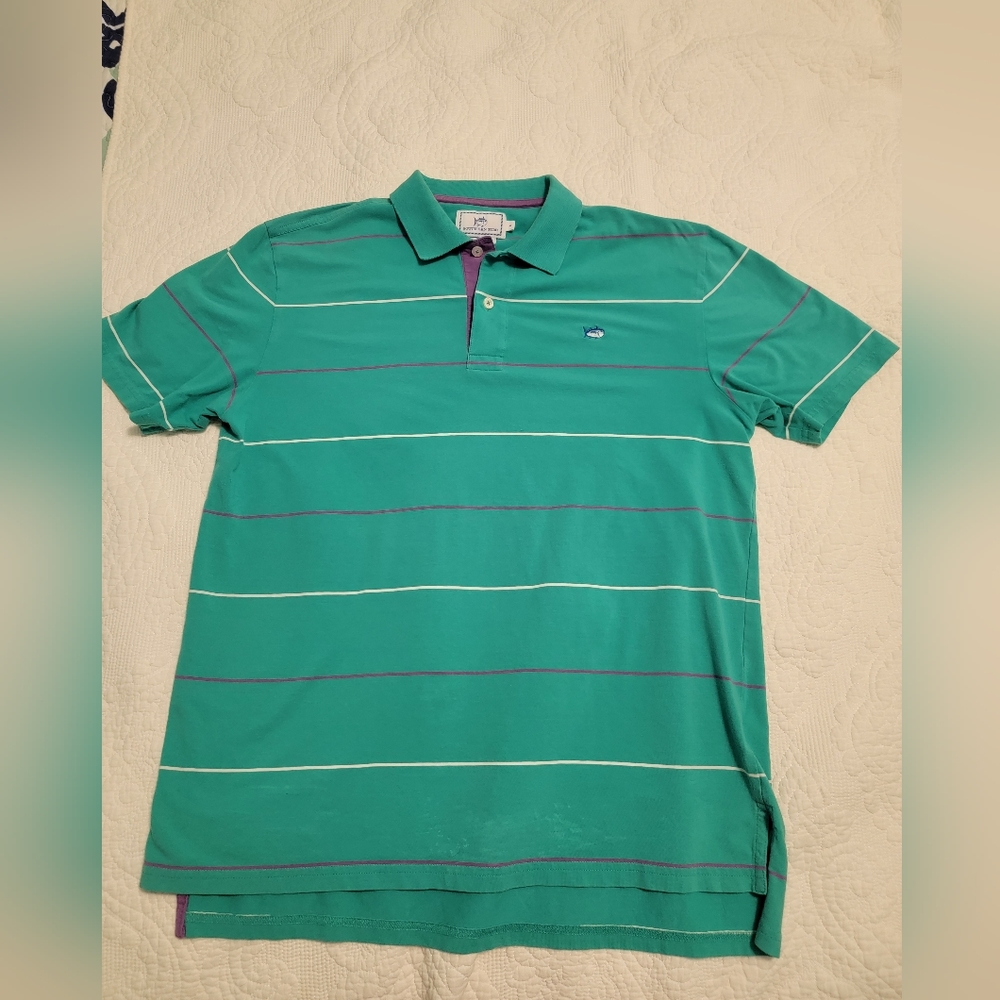 Mens Southern Tide Skipjack polo, Teal with stripes size medium